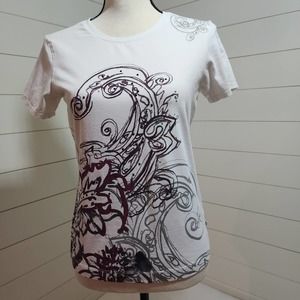 Chico's Embellished  Silver & Burgundy Red on White T Shirt  Size 0